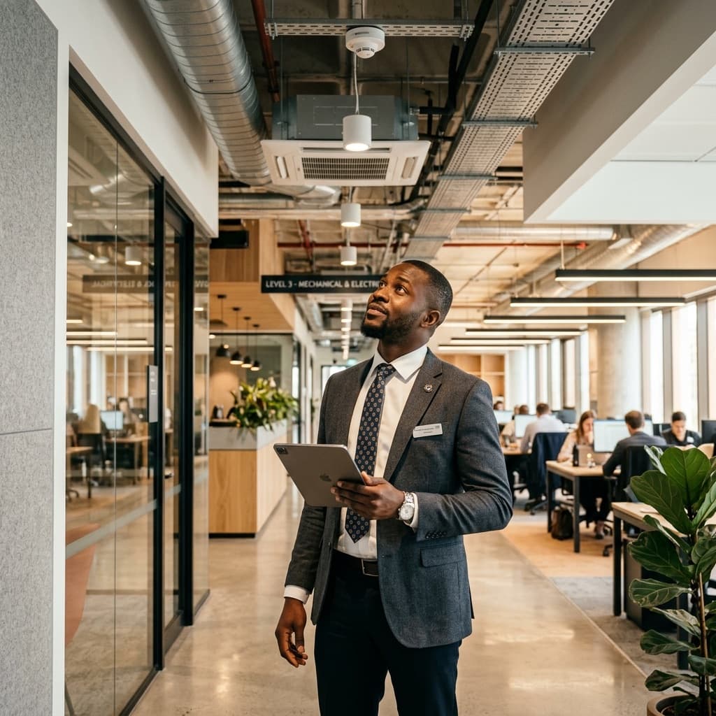 Nigerian facility manager inspecting modern property